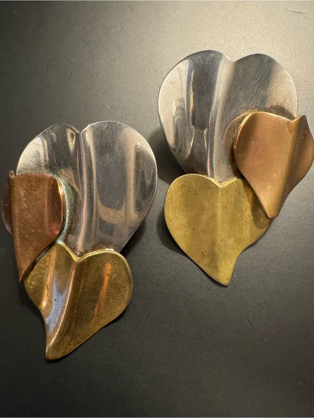 Vintage Taxco 925 Sterling Copper Brass Mixed Metal Leaf Earrings